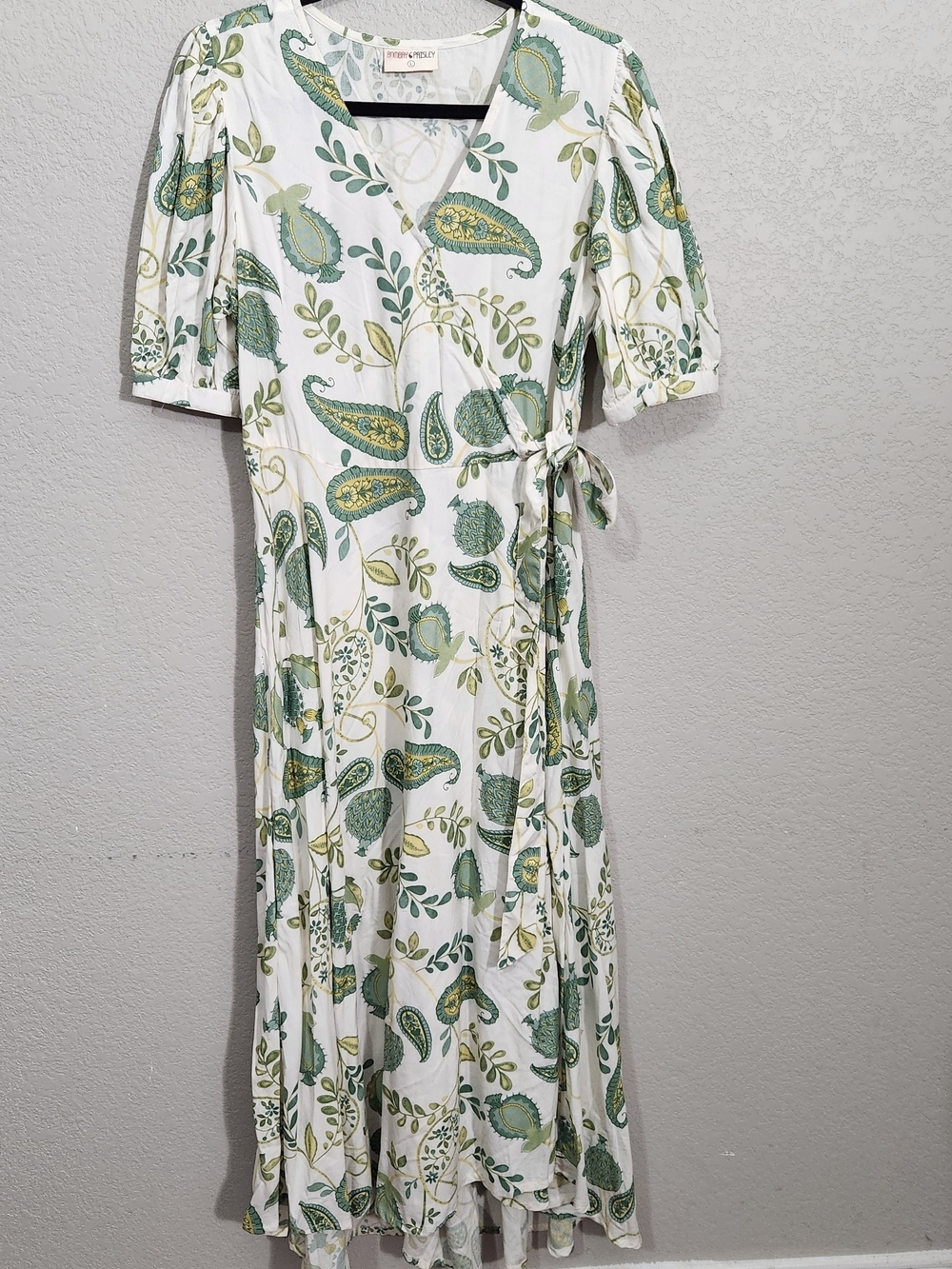 Bombay White Maxi Wrap Dress with Green Paisley and Leaf Print